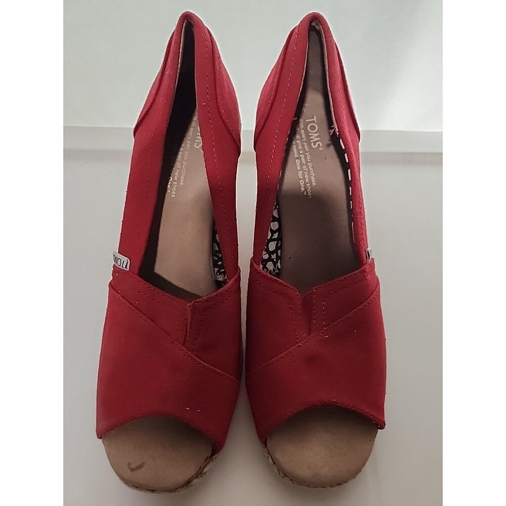 Toms Sandals Womens 9M Classic Wedge Espadrilles Red Peep Toe Slip On Casual